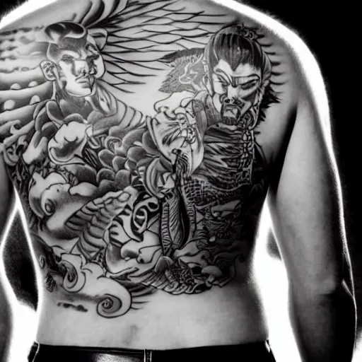 Prompt: yakuza back tattoo. ap photo. studio lighting, even composition, professional camera