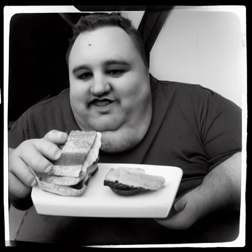 Prompt: a black and white film photo of a fat man eating a sandwich. holga, lomo, film, tri - x, vintage