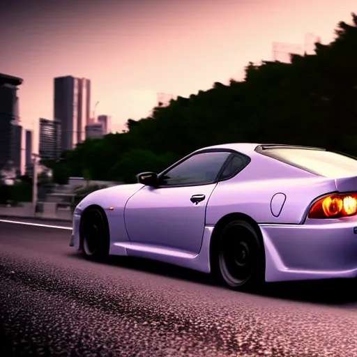 Image similar to still of a toyota supra mk4 on the road in tokyo, action shot, sunset, cgsociety, need for speed heat inspired