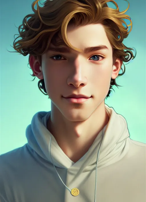 Image similar to young man with medium - length, curly, golden hair, perfectly proportioned face, aquamarine eyes, sweet smile, natural lighting, path traced, highly detailed, high quality, cartoon, digital painting, by new haicheng and ross tran and studio ghibli and alphonse mucha