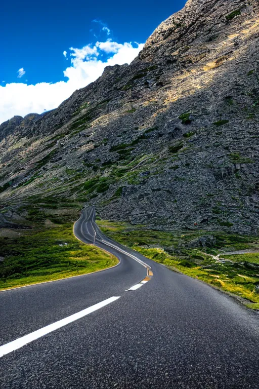 Prompt: highly detailed photo of road going between two mountains, photo realistic, very sharp focus, wide angle shot, vibrant colors