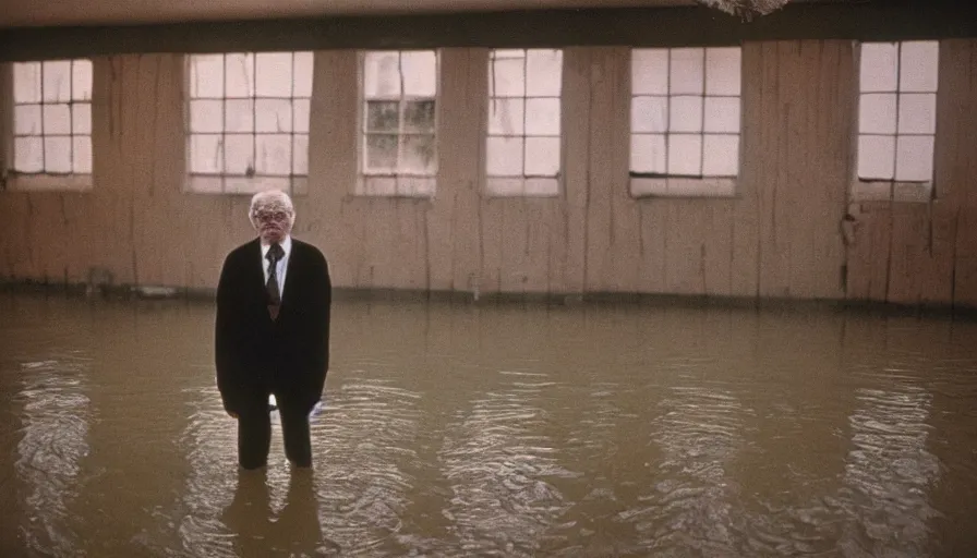 Image similar to 7 0 s movie still of an old man standing in a soviet ballroom flooded in mud, cinestill 8 0 0 t 3 5 mm eastmancolor, heavy grain, high quality, high detail