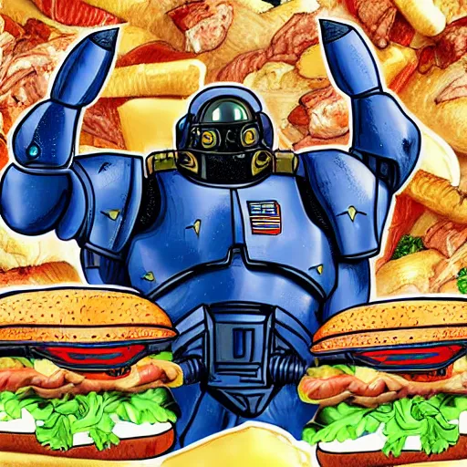 Image similar to digital artwork, cell shading, futuristic space marine in heavy blue armor trying unsuccessfully to eat a large sub sandwich full of meat, cheese, and lettuce