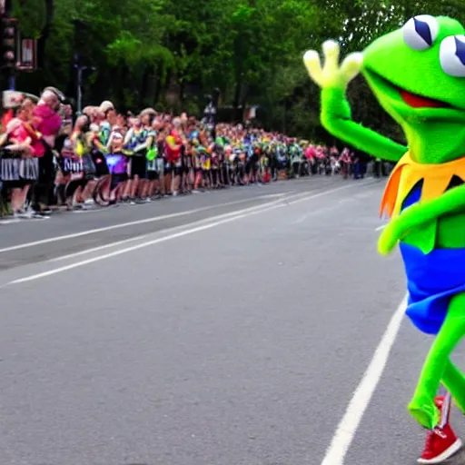 Image similar to Kermit the frog running a marathon photo 4k hd