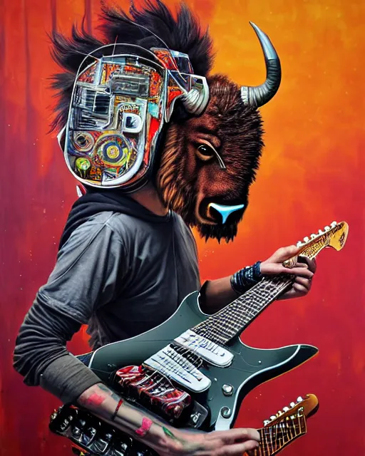 Image similar to a portrait of an anthropomorphic cyberpunk bison shredding an electric guitar by sandra chevrier, by jon foster, detailed render, tape deck, epic composition, cybernetics, 4 k realistic, cryengine, realistic shaded lighting, sharp focus, masterpiece, by enki bilal