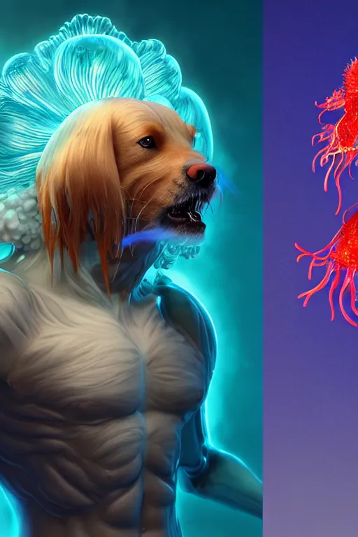 Image similar to 3 d dog as god close - up profile portrait with crown, betta fish, jellyfish phoenix, bio luminescent, flowing hair, muscular, partial anatomy, caesar victorious, plasma, ice, water, wind, creature, artwork by tooth wu and wlop and beeple and greg rutkowski