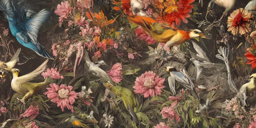 Image similar to breathtaking detailed concept art painting art deco pattern of birds amalmation blend of flowers and birds, by john james audubon, bizarre compositions, exquisite detail, extremely moody lighting, 8 k