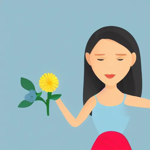 Image similar to a woman on top of a light blue flower, flat design, flat colors