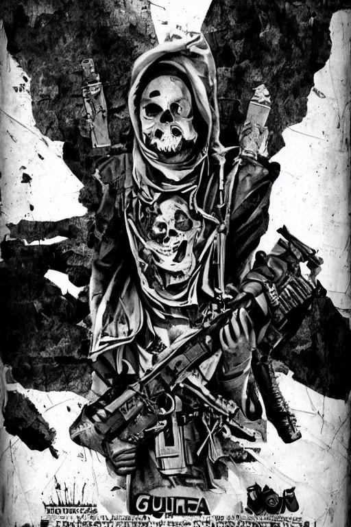 Image similar to a paranormal soldier, ouija tattoo on face, emp weapons strapped in shoulders, horror sci - fi black and white poster