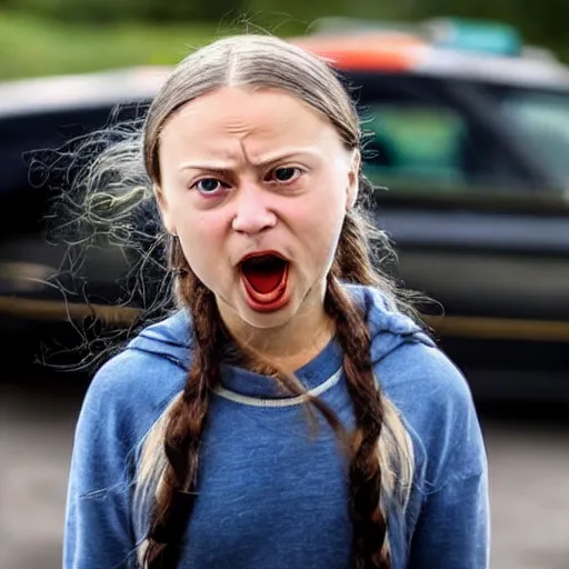 Prompt: close - up of angry greta thunberg with a bmw m 3 e 3 0 in the background, spewing black smoke from it's exhaust