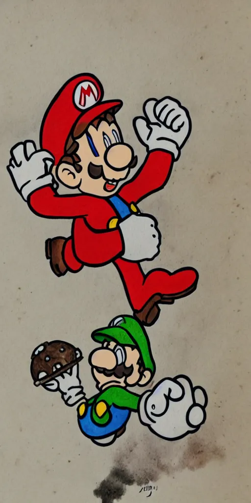 Prompt: Super Mario finds a mushroom, traditional Japanese ink wash painting