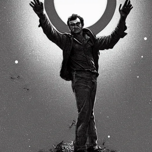 Image similar to the image of ted bundy with outstretched arms between the moon and the sun and a thousand stars ultra realistic, concept art, intricate details, serious, highly detailed, photorealistic, octane render, 8 k, unreal engine, art by todd mcfarlane and artgerm and greg rutkowski and alphonse mucha