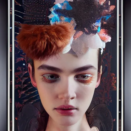 Image similar to 3 d, happy fashion model looks into the frame, intricate oil painting, high detail, figurative art, multiple exposure, poster art, 3 d, by stanley kubrick and tooth wu and wlop and beeple