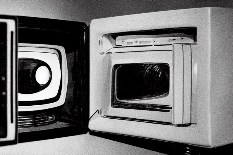 Prompt: retro robot sticking her head inside of a microwave, from 1985, bathed in the glow of a crt television, low-light photograph, in the style of jack bridgeland