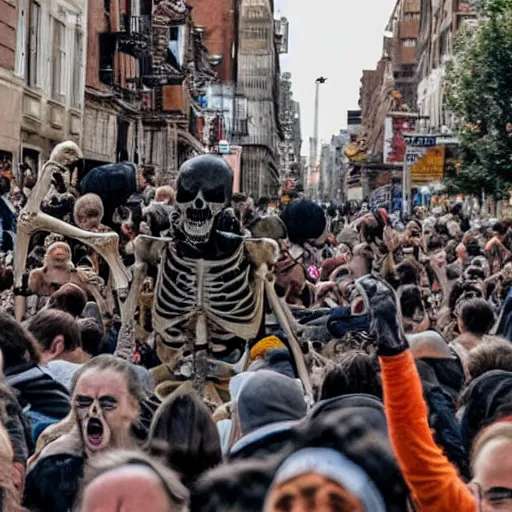 Image similar to A skeleton chasing a crowd of screaming people through the street