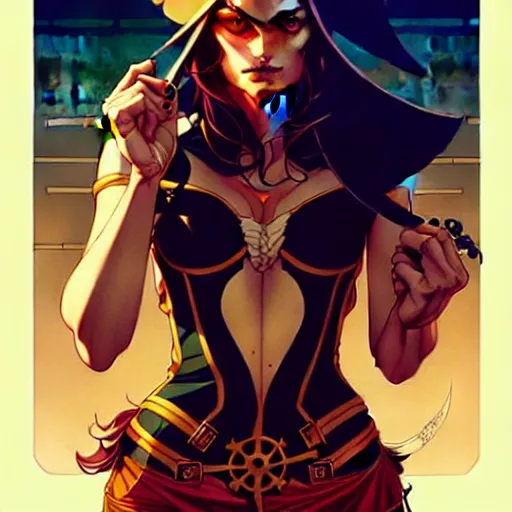 Image similar to artgerm, joshua middleton comic cover art, pretty pirate phoebe tonkin smiling, full body, symmetrical eyes, symmetrical face, long curly black hair, on a pirate ship background, warm colors