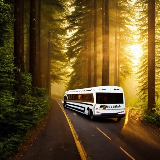 Prompt: very creative livery on big commercial bus in misty forest scene, the sun shining through the trees