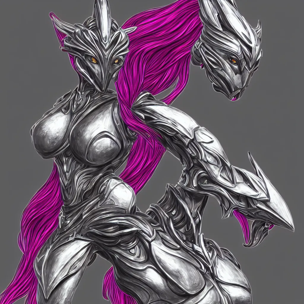 Image similar to extremely detailed bust shot of a goddess that's a giant beautiful stunning anthropomorphic robot female dragon, standing majestically over mountains, elegant pose, streamlined shiny silver metal armor, fuchsia skin below the armor, sharp metal claws, long elegant tail, detailed warframe fanart, high quality digital art, giantess art, furry art, warframe art, furaffinity, DeviantArt, 8k HD, octane render