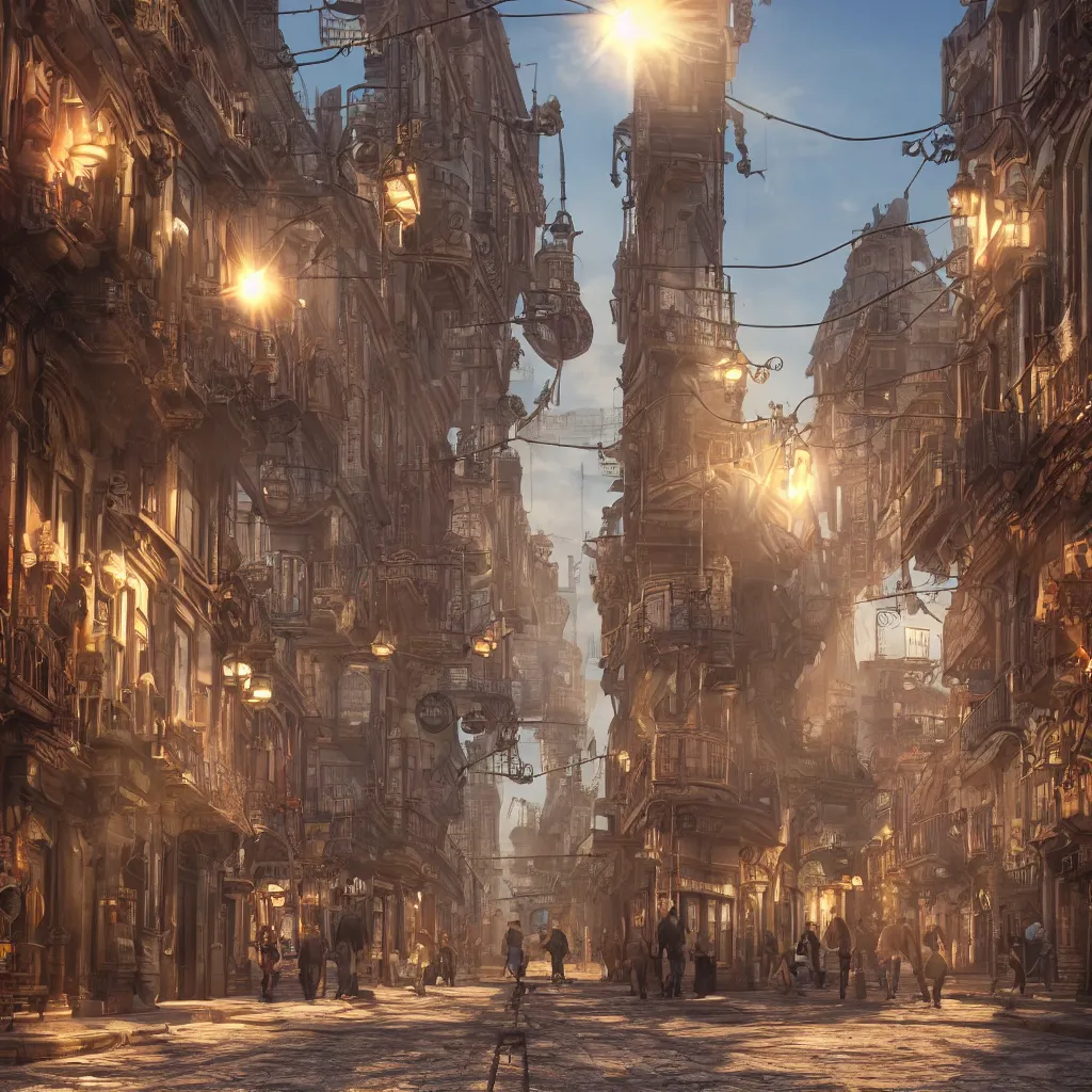 Image similar to photorealistic steampunk city streets. daylight. sunlight. lens flare. light fixtures. 8K. detailed. photorealism. artstation. 25mm f/1.7 ASPH Lens. ultra realistic