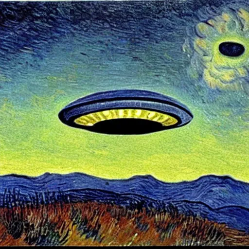 Image similar to van gough painting of a ufo flying at night.