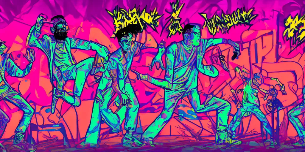 Image similar to psychedelic rap battle, silhouettes, distinct figures, digital art, vapor wave, hip hop, graffiti, trending on Artstation, professional artist, detailed, 4k