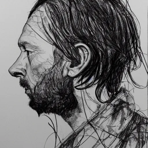 Image similar to a realistic yet scraggly portrait sketch of the side profile of a stern and sophisticated thom yorke, trending on artstation, intricate details, in the style of frank auerbach, in the style of sergio aragones, in the style of martin ansin, in the style of david aja, in the style of mattias adolfsson