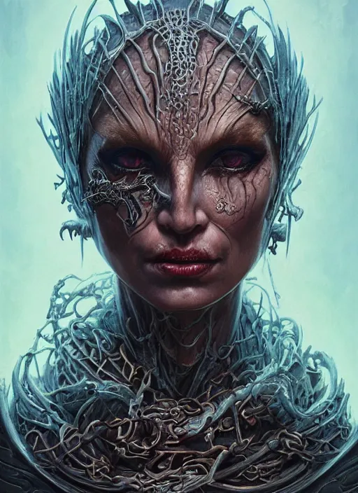 Prompt: a hyper detailed full face portrait of human transforming into the queen of blades, diablo 4 lilith, sideshow figurines, by dorian cleavenger, greg rutkowski, wlop, astri lohne, zdzisław beksinski trending on artstatio