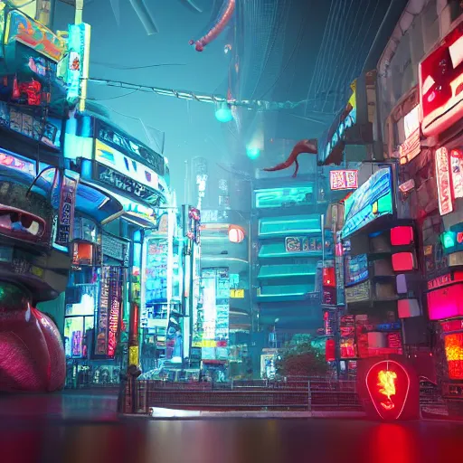 Image similar to a surreal 3 d octane render light tracing scene of a futuristic tokyo at night and a huge red water beast made of bones and muscle and blood is engrossing half the city. award winning trending on art station pixar lisa frank