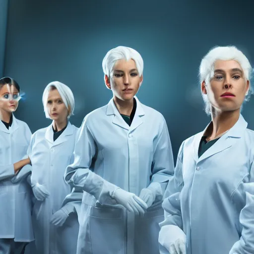Image similar to line of six women of varying heights and body shapes, white hair, tight light blue neopren space uniforms, futuristic chemistry lab, sci - fi, highly detailed, cinematic