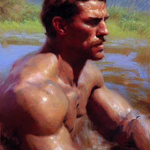 Image similar to man by the river, muscular, detailed face, correct face, painting by Gaston Bussiere, Craig Mullins