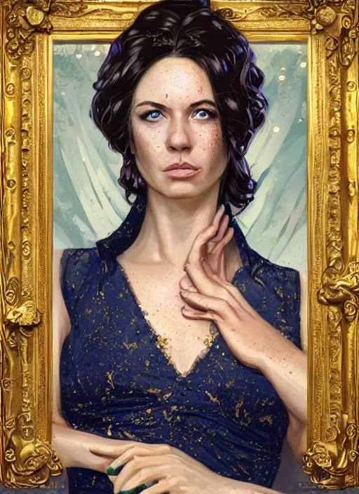 Image similar to portrait of a queen with green eyes and freckles, dressed in a navy blue gown with gold embroidered details, dark brown hair, detailed face, fantasy, cinematic lighting, digital art painting, fine details by realistic shaded lighting poster by ilya kuvshinov katsuhiro otomo, magali villeneuve, artgerm, jeremy lipkin and michael garmash and rob rey