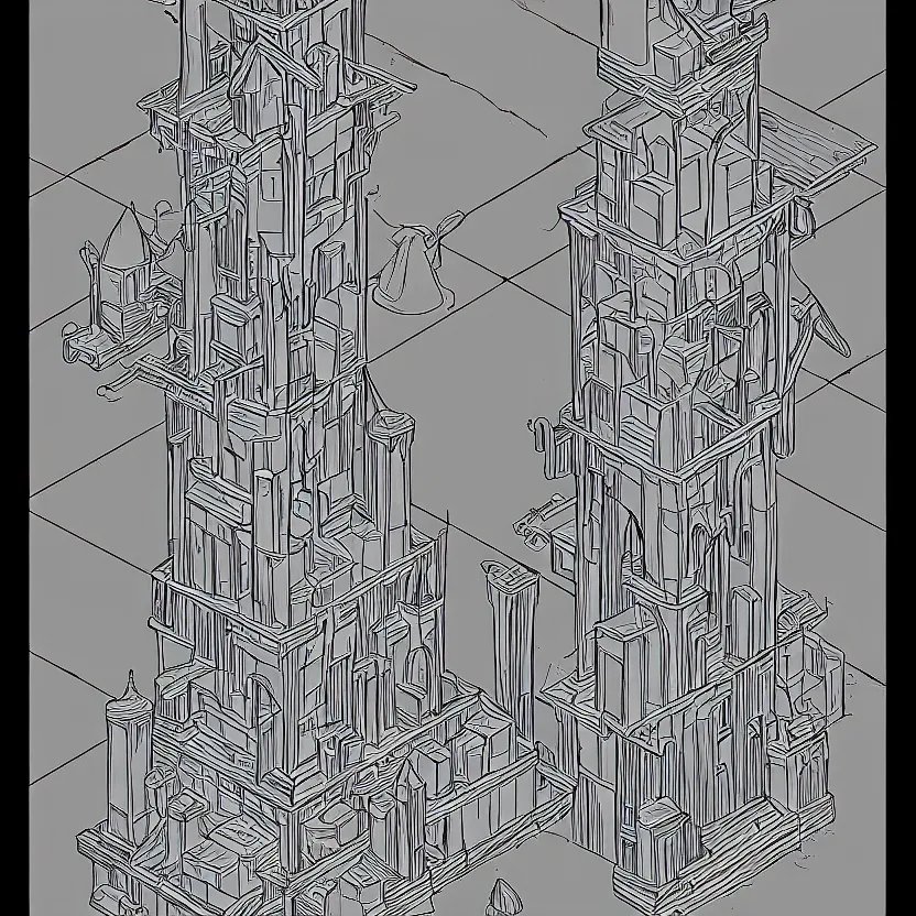 Image similar to isometric view of a wizard's tower, lineart