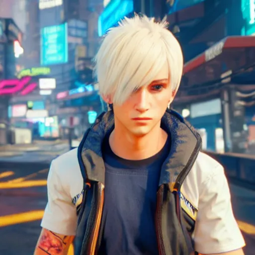 Image similar to an in-game screenshot of blonde hair blue eyed cute anime boy in Cyberpunk 2077