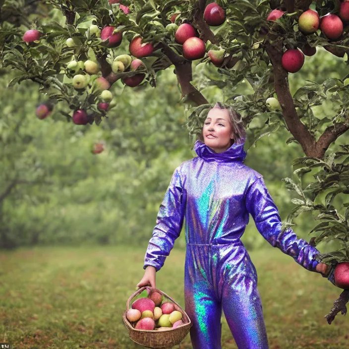 Prompt: a closeup portrait of a woman wearing a muddy iridescent holographic spacesuit, picking apples from a tree in an orchard, foggy, moody, photograph, by vincent desiderio, canon eos c 3 0 0, ƒ 1. 8, 3 5 mm, 8 k, medium - format print