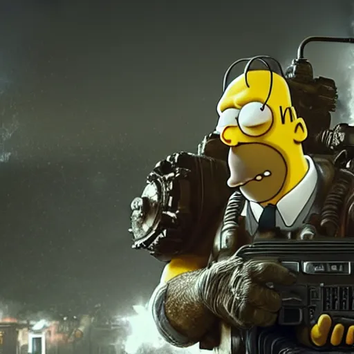 Image similar to Homer Simpson in Gears of War, splash art, movie still, cinematic lighting, dramatic, octane render, long lens, shallow depth of field, bokeh, anamorphic lens flare, 8k, hyper detailed, 35mm film grain