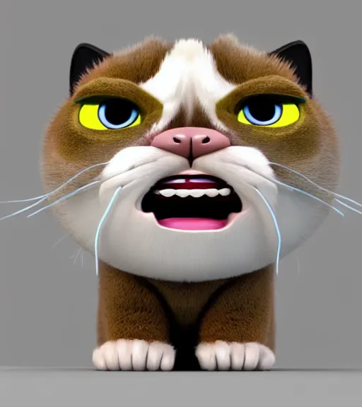 Image similar to Fanart 3D model of grumpy cat with a big giant grin on his adorable little face, kawaii grumpy cat model, lucky cat grumpy cat, trending on artstation, cycles render, character sculpt, perfect lighting, highly detailed background, For Hire 3D artist, Pixar and Industrial