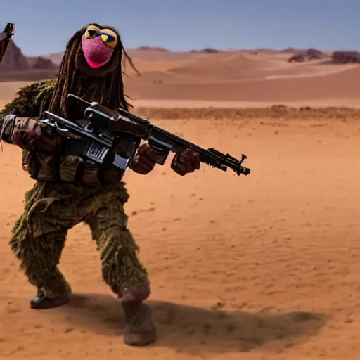 Image similar to special forces muppets fighting in the desert. epic action movie production photograph.