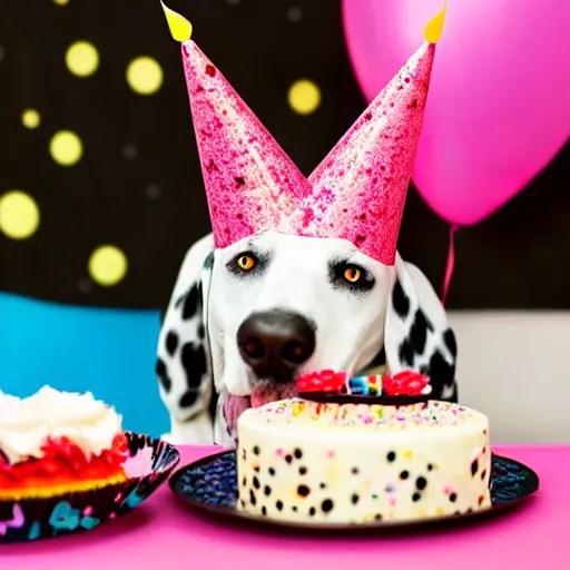 Image similar to female dalmatian with birthday hat eating birthday cake,