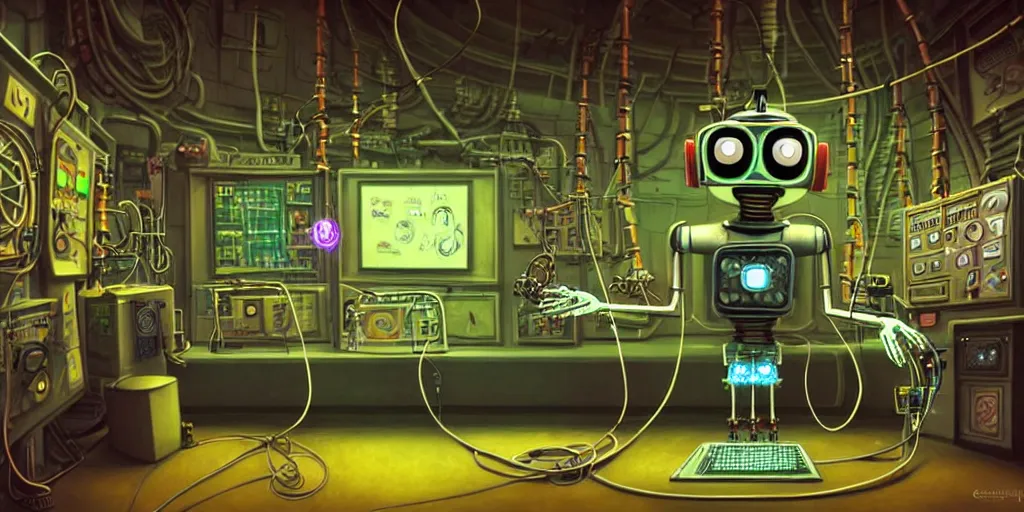 Image similar to happy Funny cartoonish steampunk robot with neon cables at a nuclear control room, by Gediminas Pranckevicius and Felix-Kelly H 704