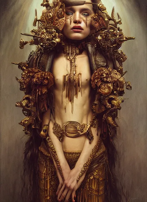 Image similar to highly detailed oil painting | very intricate | cinematic lighting | award - winning | mayan fashion by alexander mcqueen | by roberto ferri, by tom bagshaw, by j. c. leyendecker and klimt, american romanticism, by austin osman spare, artstation, cgsociety, official art, octane