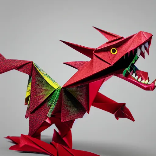 Prompt: origami dragon in multi colored paper, 3 d render, ultra detailed, on white background, studio shot