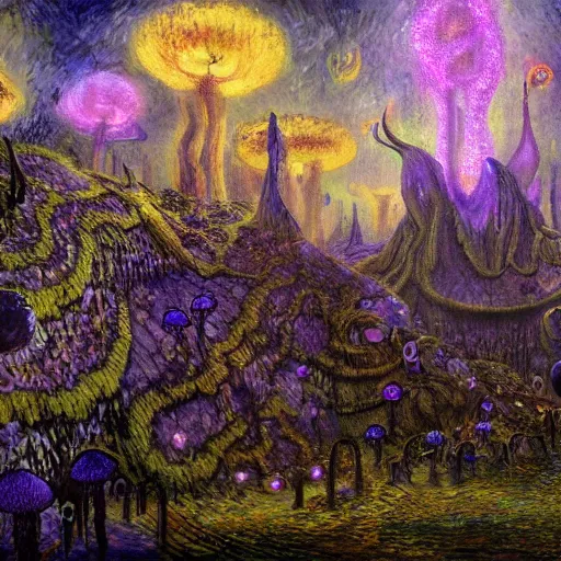 Image similar to concept art detailed painting of a dark purple fantasy fairytale fungal town made of mushrooms, with glowing blue lights, in the style of wayne barlowe and vincent van gogh and albert bierstadt and claude monet