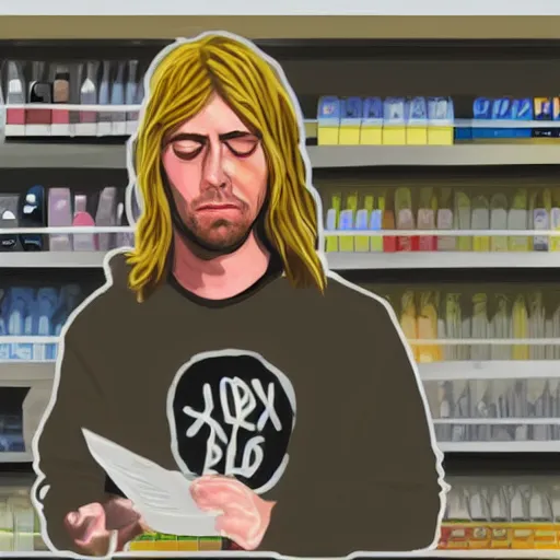 Image similar to digital painting of kurt cobain buying an expensive nft