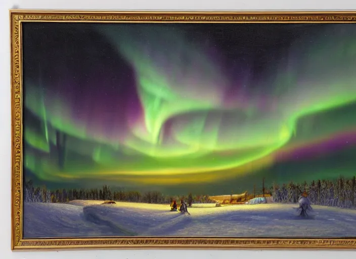 Image similar to aurora borealis above the snowed in fields and villages of lapland, finland in the style of hudson river school of art, oil on canvas