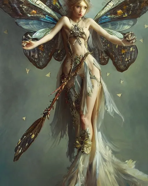 Prompt: Moth Fairy Maiden with large moth like wings wearing ornate dress by Ruan Jia and Andrei Riabovitchev, featured on Artstation, Hyperdetailed, stylized, realistic oil on linen, masterpiece, fantasy, dark academia