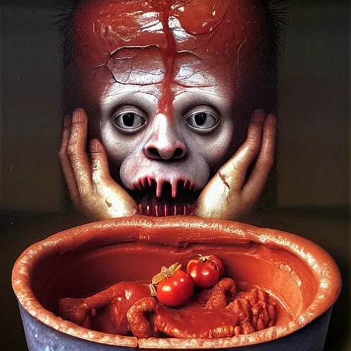 Prompt: a boy like eraserhead and elephant man sitting in a tub full of tomato sauce, looking straight into camera, screaming in desperation, by giuseppe arcimboldo and ambrosius benson, renaissance, fruit, intricate and intense oil paint, a touch of beksinski and hr giger, realistic