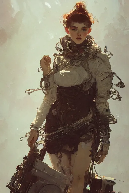 Image similar to A full portrait of a beautiful post apocalyptic offworld technothief, intricate, elegant, highly detailed, digital painting, artstation, concept art, smooth, sharp focus, illustration, art by Krenz Cushart and Artem Demura and alphonse mucha