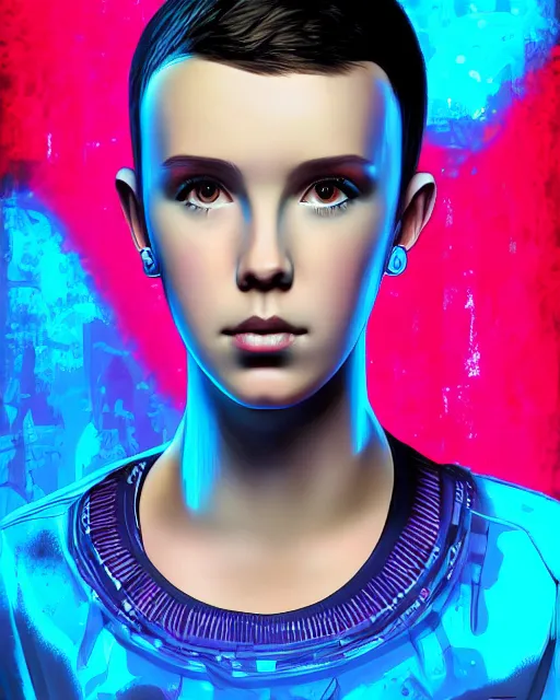 Image similar to digital art portrait of cyberpunk millie bobby brown