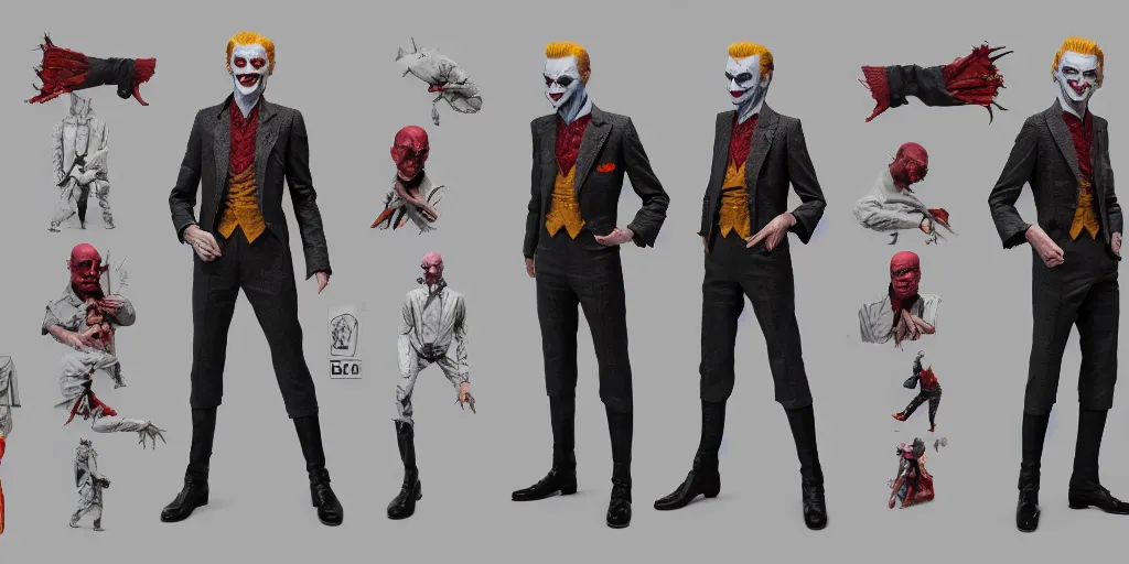 Prompt: david bowie as the joker, character sheet, concept design, contrast, hot toys, kim jung gi, greg rutkowski, zabrocki, karlkka, jayison devadas, trending on artstation, 8 k, ultra wide angle, pincushion lens effect