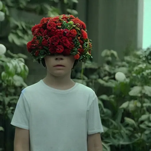 Prompt: movie still of a boy with a cyborg plants flowers helmet, cinematic composition, cinematic light, by edgar wright and david lynch